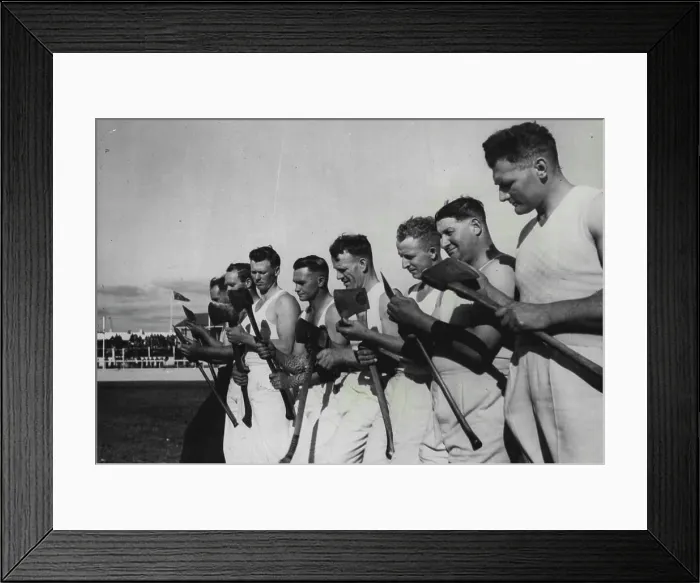 Framed Print : Razor-Sharp Axes are checked by finalists in open standing block chop (39 inch) at the Royal Melbourne Century Show Framed Print : Razor-Sharp Axes are checked by finalists in open standing block chop (39 inch) at the Royal Melbourne Century Show