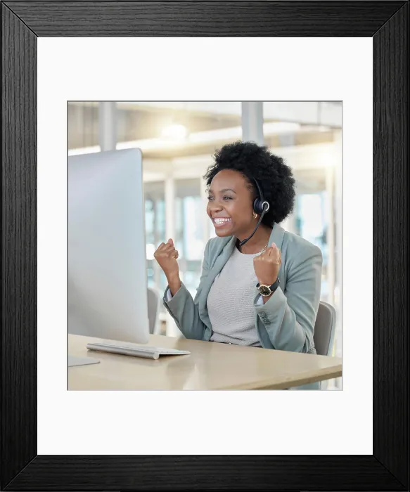 Framed Print : Call center, success and black woman consultant in the office in celebration for achievement Framed Print : Call center, success and black woman consultant in the office in celebration for achievement