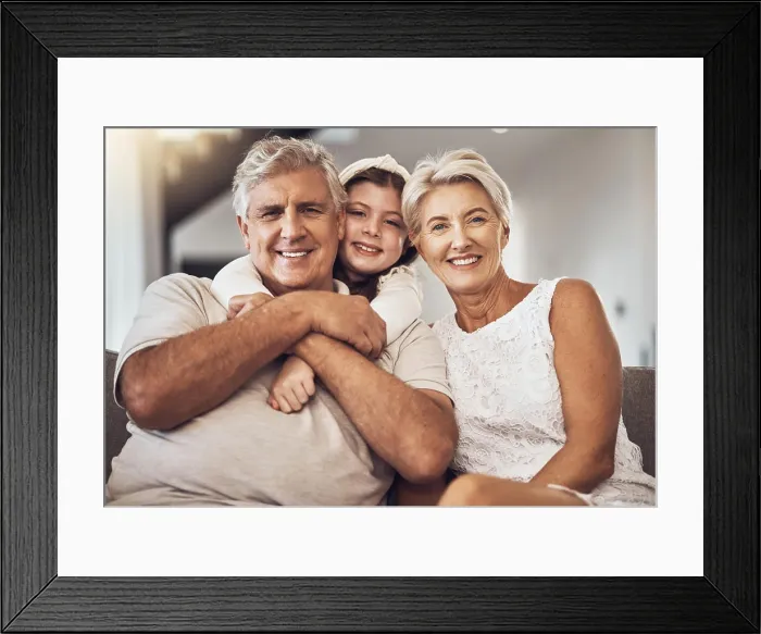 Framed Print : Portrait, happy family or grandparents hug a girl in living room bonding in Australia with love Framed Print : Portrait, happy family or grandparents hug a girl in living room bonding in Australia with love