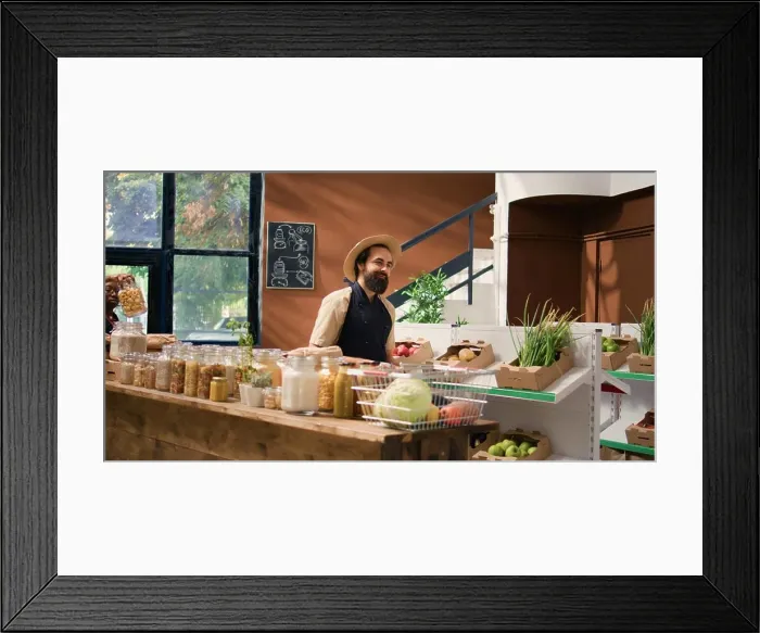 Framed Print : Small business owner arranging organic products on display