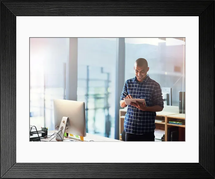 Framed Print : Digital agency, man and tablet for communication Framed Print : Digital agency, man and tablet for communication