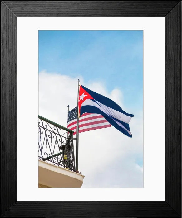 Framed Print : Cuba, Havana, Old Havana. Cuban and American flags flying simultaneously Framed Print : Cuba, Havana, Old Havana. Cuban and American flags flying simultaneously