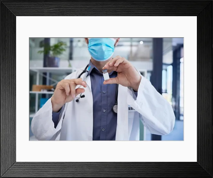 Framed Print : Covid, doctor hands and vaccine in hospital for health Framed Print : Covid, doctor hands and vaccine in hospital for health