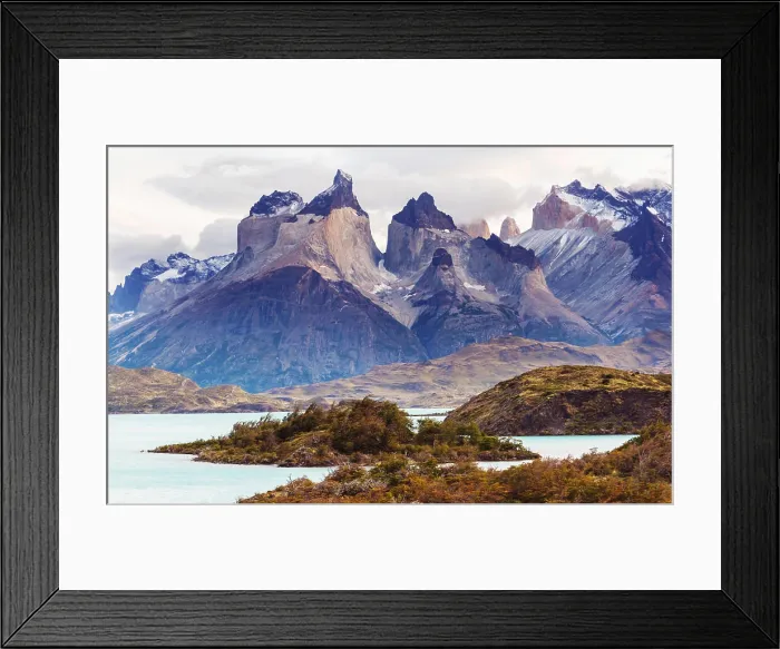 Framed Print : Torres Beautiful mountain landscapes in Torres Del Paine National Park Framed Print : Torres Beautiful mountain landscapes in Torres Del Paine National Park