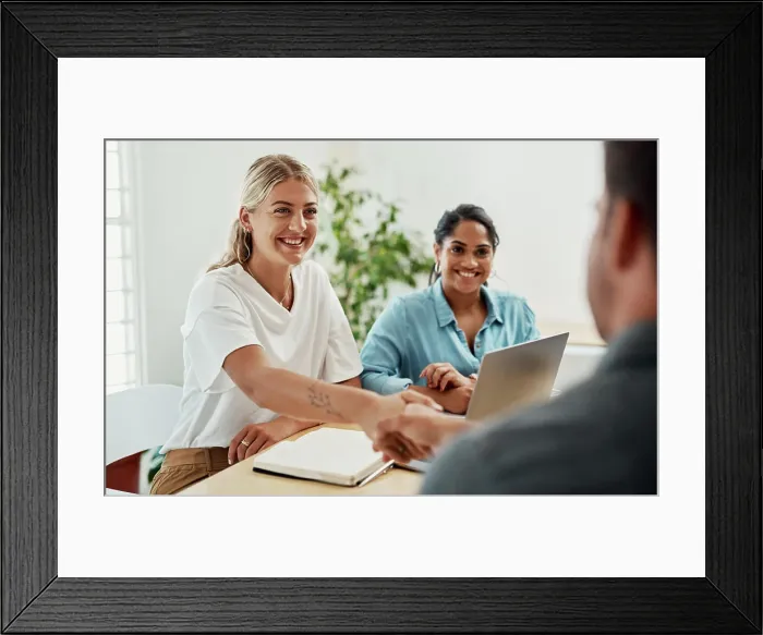 Framed Print : Business people, meeting and handshake with professional