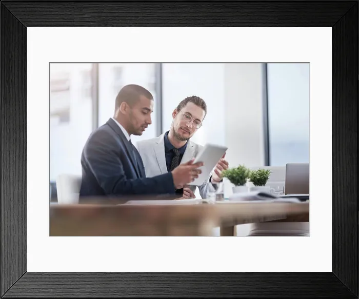 Framed Print : Men, tablet and attorney in office with review Framed Print : Men, tablet and attorney in office with review