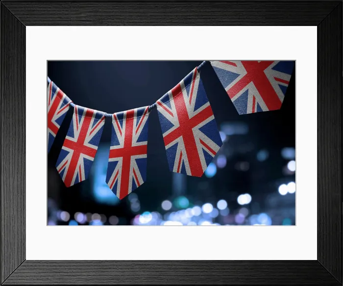 Framed Print : A garland of United Kingdom national flags on an abstract blurred background A garland of United Kingdom national flags
