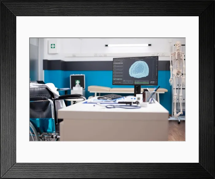 Framed Print : Wheelchair user doctors table with desktop pc showing brain imaging in vacant clinic room Framed Print : Wheelchair user doctors table with desktop pc showing brain imaging in vacant clinic room