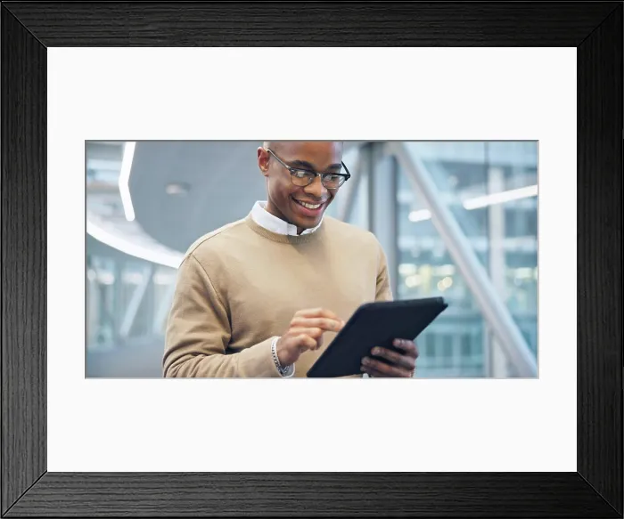 Framed Print : Man, tablet and office with happy for job Framed Print : Man, tablet and office with happy for job