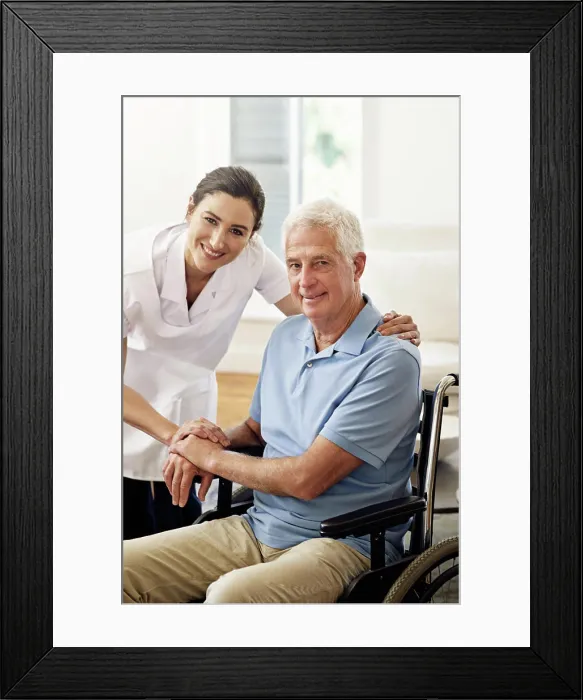 Framed Print : Portrait, nurse and disabled man in wheelchair Framed Print : Portrait, nurse and disabled man in wheelchair