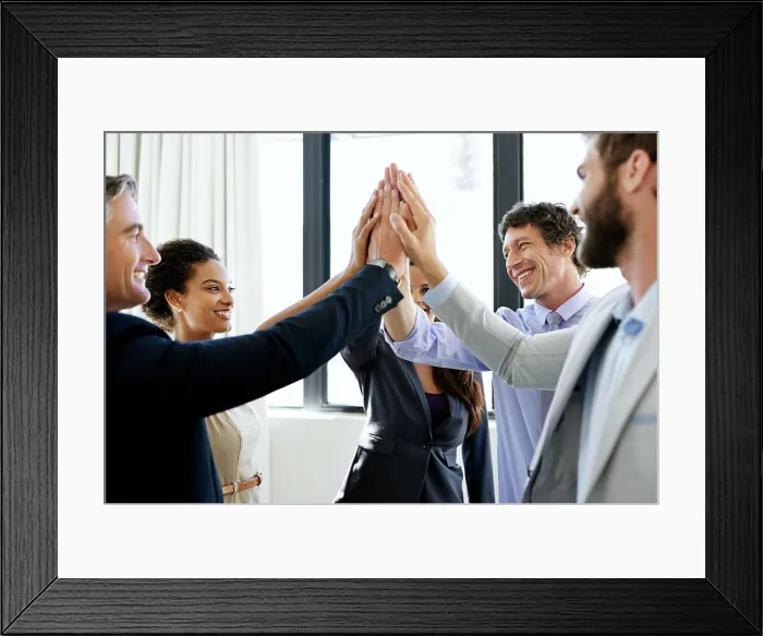 Framed Print : Happy, business people and meeting with high five for unity Framed Print : Happy, business people and meeting with high five for unity