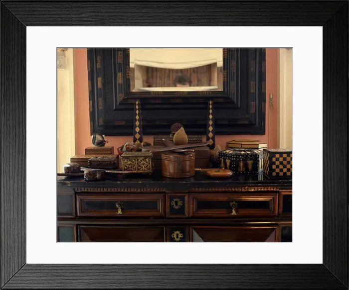Framed Print : Close-up of antique inlaid wood boxes Framed Print : Close-up of antique inlaid wood boxes