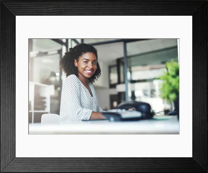Framed Print : Portrait, smile and black woman in business office or secretary in creative startup Framed Print : Portrait, smile and black woman in business office or secretary in creative startup