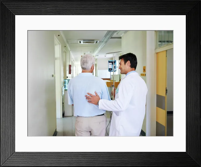 Framed Print : Hospital, walking and doctor with patient Framed Print : Hospital, walking and doctor with patient