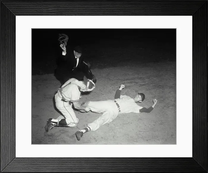 Framed Print : Vintage Photograph. A baseball runner slides into home plate as catcher tags him out Framed Print : Vintage Photograph. A baseball runner slides into home plate as catcher tags him out