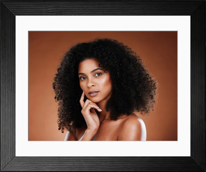 Framed Print : Black woman afro, beauty and thinking in skincare Framed Print : Black woman afro, beauty and thinking in skincare