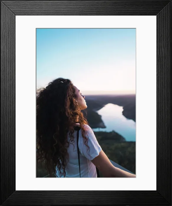 Framed Print : Stylish traveler standing on viewpoint terrace Framed Print : Stylish traveler standing on viewpoint terrace