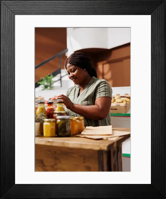 Framed Print : Female consumer searches for fresh Framed Print : Female consumer searches for fresh