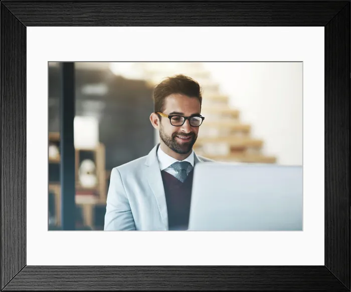 Framed Print : Business man, glasses and laptop in office for networking Framed Print : Business man, glasses and laptop in office for networking