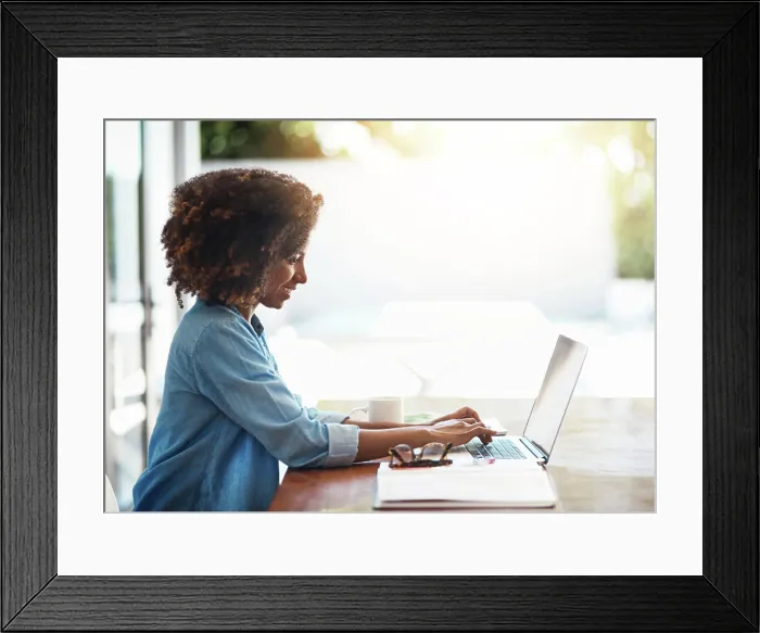 Framed Print : Remote work, typing and happy woman at laptop for email Framed Print : Remote work, typing and happy woman at laptop for email
