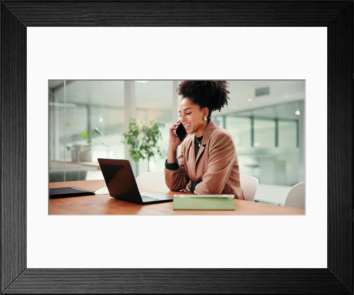 Framed Print : Laptop, phone call and smile of business woman in office for conversation