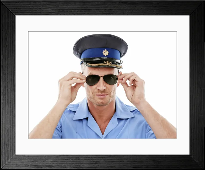 Framed Print : Security, officer and face of police with sunglasses on white background for authority Framed Print : Security, officer and face of police with sunglasses on white background for authority
