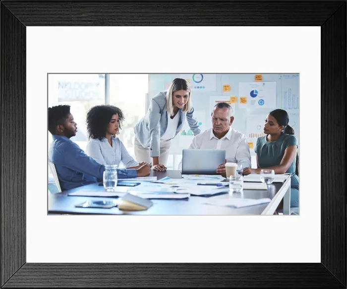 Framed Print : Diversity business people in digital meeting with laptop for seo data analytics Framed Print : Diversity business people in digital meeting with laptop for seo data analytics