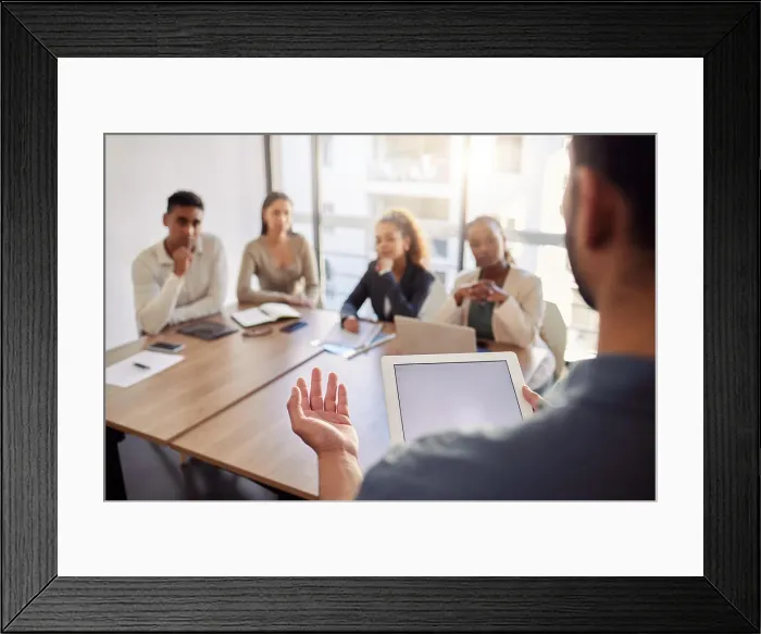 Framed Print : Meeting, presentation and a business man with a tablet in the boardroom Framed Print : Meeting, presentation and a business man with a tablet in the boardroom
