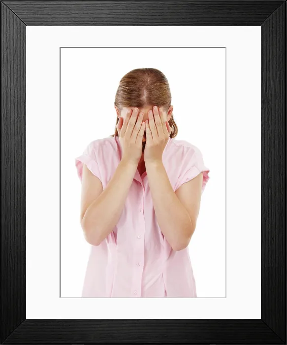 Framed Print : Woman, hands and anxiety in studio for depression with mental health Framed Print : Woman, hands and anxiety in studio for depression with mental health