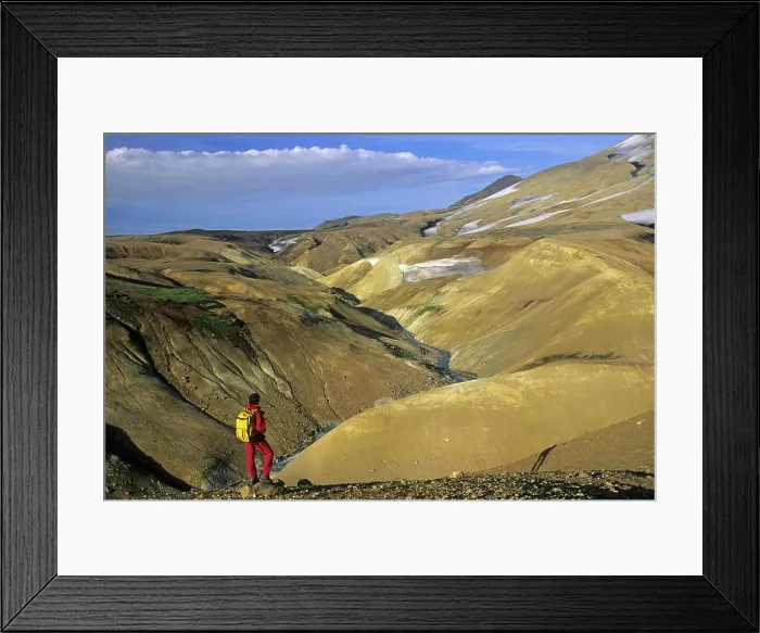 Framed Print : Iceland Kerlingarfjöll, general view of the colorful valley, woman standing gazing the landscape Framed Print : Iceland Kerlingarfjöll, general view of the colorful valley, woman standing gazing the landscape