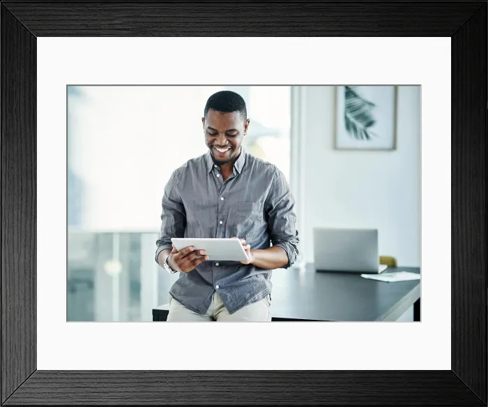 Framed Print : Black man, tablet and happy in office for professional career Framed Print : Black man, tablet and happy in office for professional career