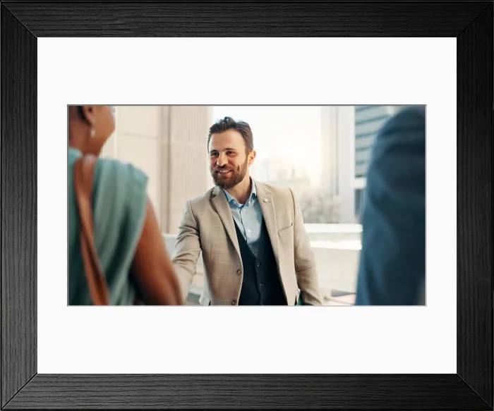 Framed Print : Meeting, smile and handshake with business man in city for real estate developer Framed Print : Meeting, smile and handshake with business man in city for real estate developer