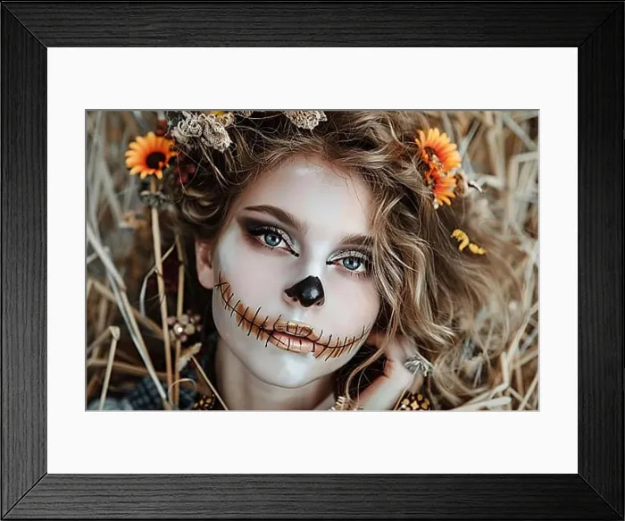Framed Print : Young woman with Halloween scarecrow costume makeup with blurry grainfield in background. Generative Ai, AI generated