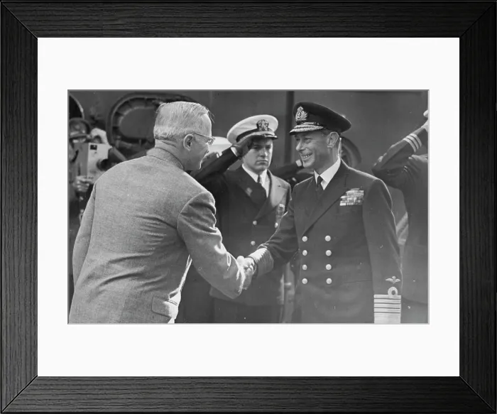 Framed Print : President Truman received by The King in Plymouth Sound - His Majesty shakes hands with President Truman on bearding