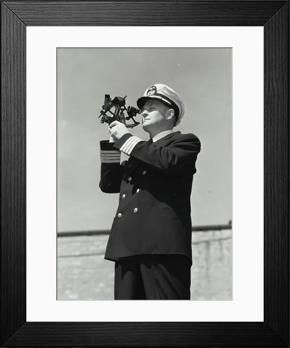 Framed Print : Vintage Photograph. Man in captains uniform standing and looking through sailor protractor off into the distance Framed Print : Vintage Photograph. Man in captains uniform standing and looking through sailor protractor off into the distance
