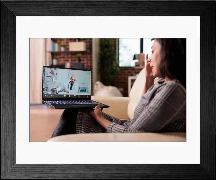 Framed Print : Young adult calling doctor on videocall telehealth