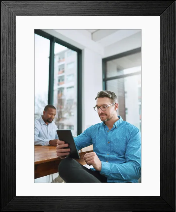 Framed Print : Tablet, glasses and businessman in office reading online research for finance stock market
