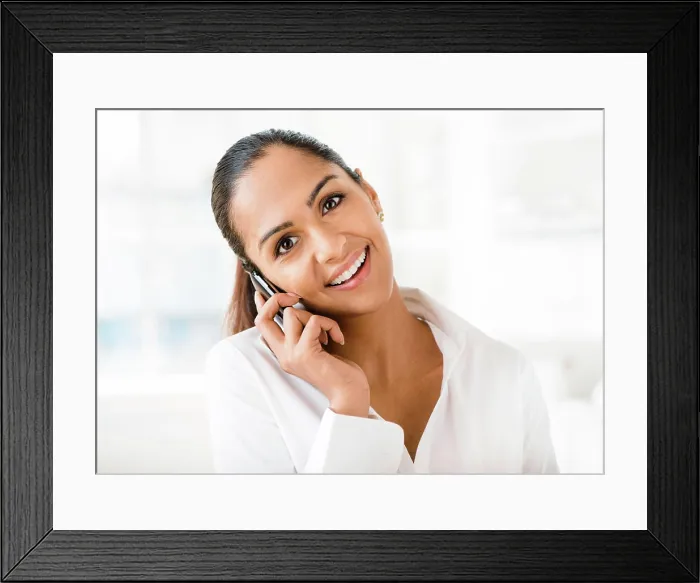 Framed Print : Phone call, smile and portrait of business woman talking to contact for news