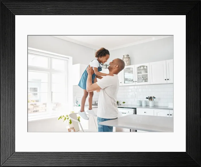 Framed Print : Hug, dad and girl in home for playing or bonding together and child care with single parent or love