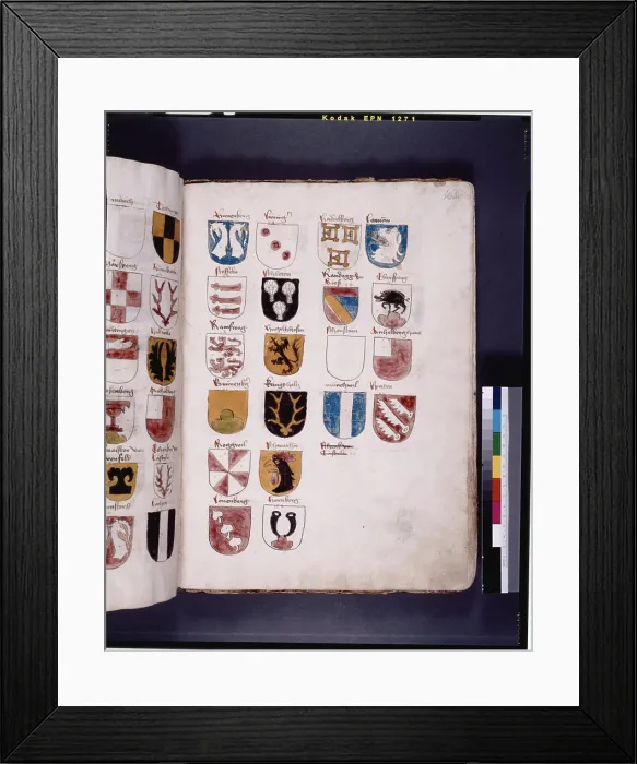 Framed Print : Coats of arms, f. 463. 1460. Richental, Ulrich von, ca. 1365-1437. Manuscripts, Illuminations. Spencer Collection
