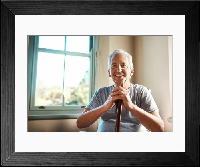 Framed Print : Portrait, walking stick and senior man in home with happiness for healthcare Framed Print : Portrait, walking stick and senior man in home with happiness for healthcare