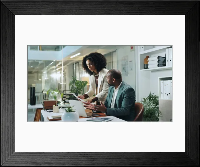 Framed Print : Document, business people and team brainstorming in office for insurance Framed Print : Document, business people and team brainstorming in office for insurance