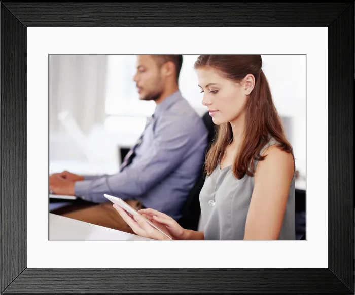 Framed Print : Business people, internet and woman in office Framed Print : Business people, internet and woman in office