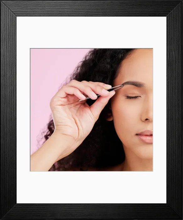 Framed Print : Face, woman and tweezer for eyebrow