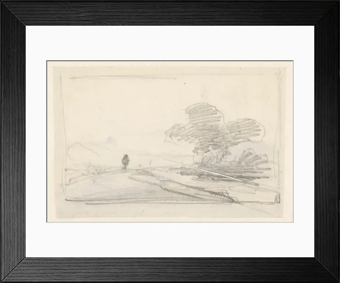 Framed Print : Sketch of a landscape with a group of trees along a road