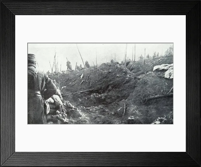 Framed Print : Photograph of French Soldiers in the Trenches and bomb craters in a destroyed forest during combat in World War One