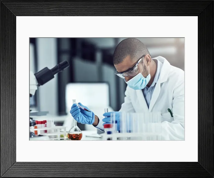 Framed Print : Man, science and blood sample in lab with test tube Framed Print : Man, science and blood sample in lab with test tube