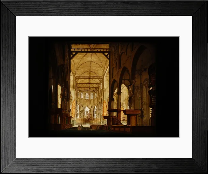 Framed Print : Perspective box of black lacquered wood with two painted glass plates: church interior