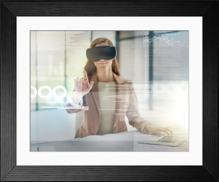 Framed Print : Business woman, VR and analytics on overlay for future data Framed Print : Business woman, VR and analytics on overlay for future data