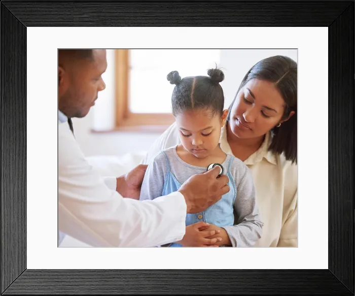 Framed Print : Girl, mother and doctor with stethoscope in healthcare for listening to heartbeat Framed Print : Girl, mother and doctor with stethoscope in healthcare for listening to heartbeat